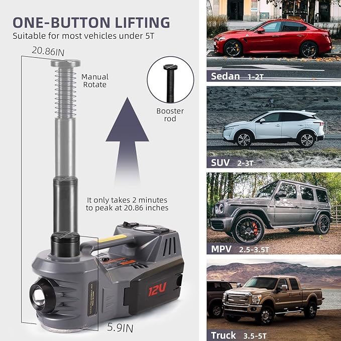 EFFIROSO Electric Car Jack Kit 5 Ton 12V Hydraulic Floor Jack with Impact Wrench Tire Inflator Pump for Vehicle Emergency Repair Kit (Lifting 6.1 to 17.7 inches Gray)
