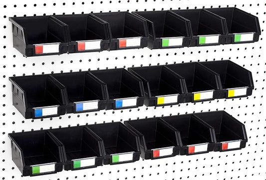 Pegboard Bins – 18 Pack Black Large - Hooks to Any Peg Board - Organize Hardware, Accessories, Attachments, Workbench, Garage Storage, Craft Room, Tool Shed, Hobby Supplies, Small Parts