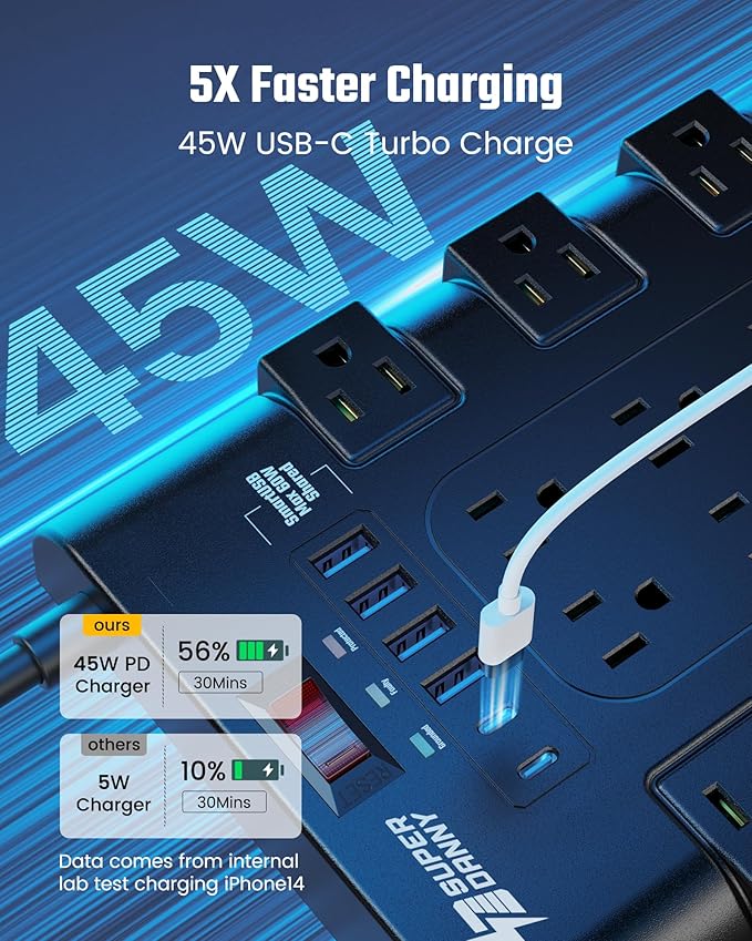 Surge Protector Power Strip, SUPERDANNY Charging Station 22 Outlets with 45W Type-C Fast Charging USB Ports, 4 USB-A, 2 USB-C, 2100J, 15A/1875W, 6.5Ft Flat Plug Extension Cord for Home Streaming Black