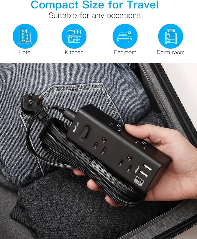 25Ft Extension Cord with Multiple Outlets, Flat Plug Power Strip Surge Protector with 25 Ft Long Cord, 6 Outlet 3 USB Ports (1 USB C), Multi Outlet Wall Plug for Travel, College, Dorm Essentials-Black