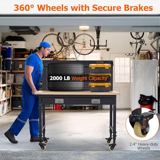 Adjustable Workbench for Garage, 48" Rubber Wood Top Workbench with Drawer Storage Pegboard, 2000 Lbs Load Capacity, Heavy Duty Workstation with Power Outlets & Wheels, Tool Storage Bench