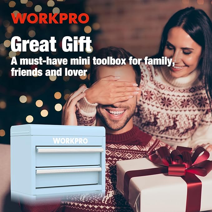WORKPRO Mini Metal Tool Box with 2 Drawers and Top Storage, Small Tool Chest with PVC Liners and PP Feet Pads, Cold Rolled Steel Toolbox with Magnetic Tab