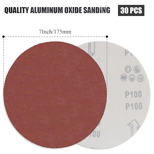 Biaungdo 30 Pcs 7-Inch Sandpapers Sand Discs Hook and Loop Grinding Polishing for Random Orbit Sander,100 Grit