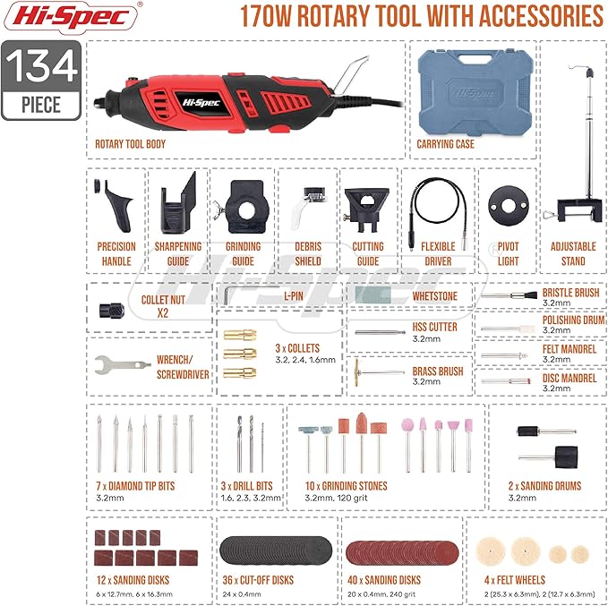 Hi-Spec 134pc 160W Corded Power Rotary Tool Kit Set with Dremel Compatible Rotary Tools Accessory Kit- Engraver, Sander, and Polisher-for Grinding, Cutting, Wood Carving, Sanding, and Engraving