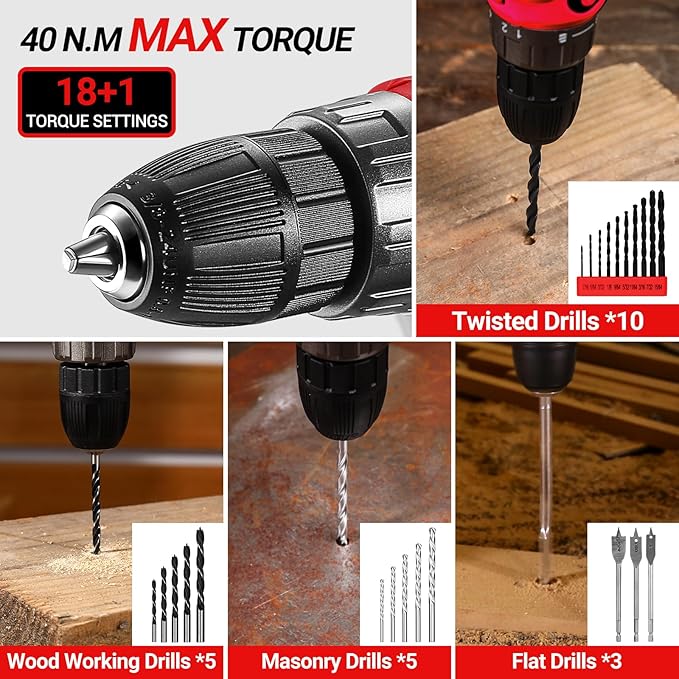 Cordless Drill Tool Kit Set：DEKOPRO 20V Power Drill Tool Box with Battery Electric Drill Driver for Men Home Hand Repair Basic Toolbox Tools Sets Drills Case (Red)