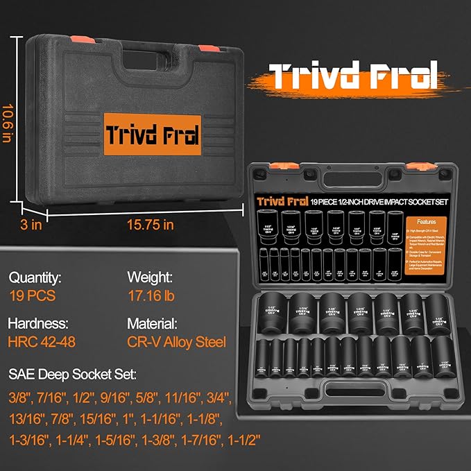 SAE Impact Socket Set 1/2" Drive - Trivd Frol 19 Piece Deep Socket Set 1/2" Impact Socket Set, SAE Socket Set 3/8" to 1-1/2" Large Socket Set, Impact Driver Socket Set, Cr-V Steel, Double Lock Case