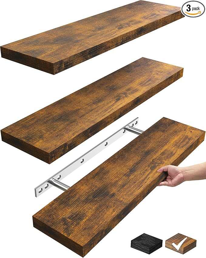 BAYKA Floating Shelves for Wall, 22.5 inches Wall Mounted Rustic Wood Shelves for Bathroom, Bedroom, Living Room, Floating Shelves for Books/Storage/Decor(Rustic Brown,Set of 3)