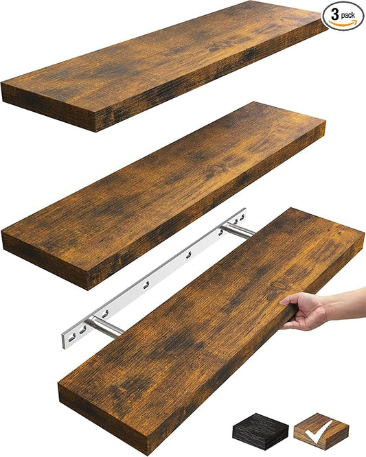 BAYKA Floating Shelves for Wall, 22.5 inches Wall Mounted Rustic Wood Shelves for Bathroom, Bedroom, Living Room, Floating Shelves for Books/Storage/Decor(Rustic Brown,Set of 3)
