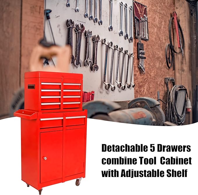 Rolling Tool Chest Metal Tool Box with Wheels Tool Cabinet Portable Tool Box with Wheels Detachable 5 Drawers Tool Chest with Bottom Cabinet and One Adjustable Shelf, Red