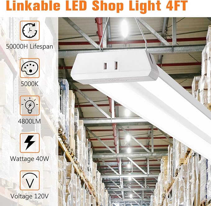 4FT Linkable 42W 4800LM 5000K LED Ceiling Lights for Garages, Pull Chain ON/Off, Linear Work Light Fixture with Plug, 2 Pack