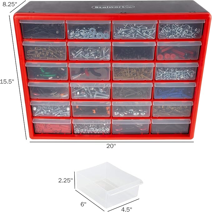 24 Plastic Drawers Organizer - Compartment Storage - Desktop and Wall Mount Container for Hardware, Parts, Crafts, Beads, and Tools by Stalwart (Red)