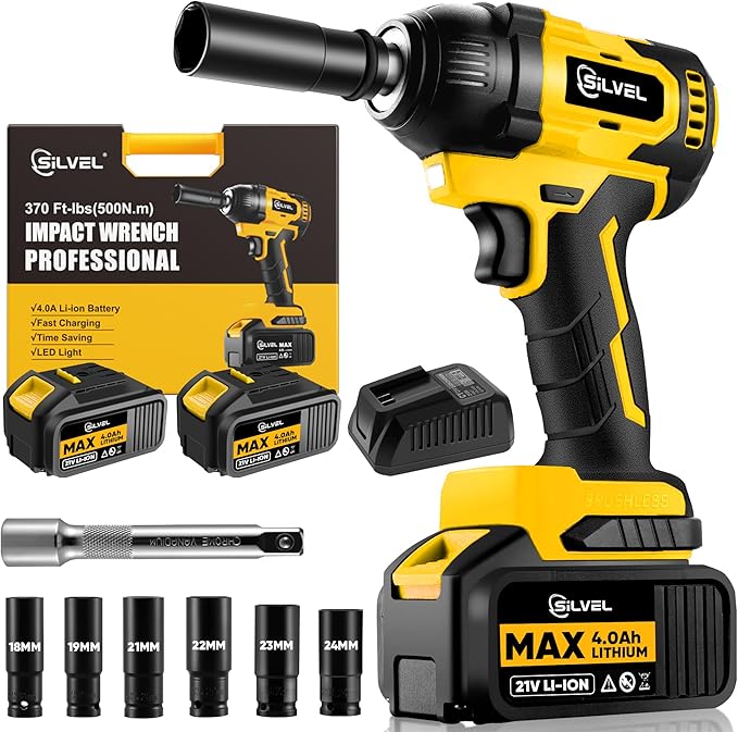 SILVEL Cordless Impact Wrench, 370 Ft-lbs (500N.m) Impact Gun 1/2 inch, 2 * 4.0Ah Battery Powered Brushless Impact Wrench with 6 Sockets, Fast Charger