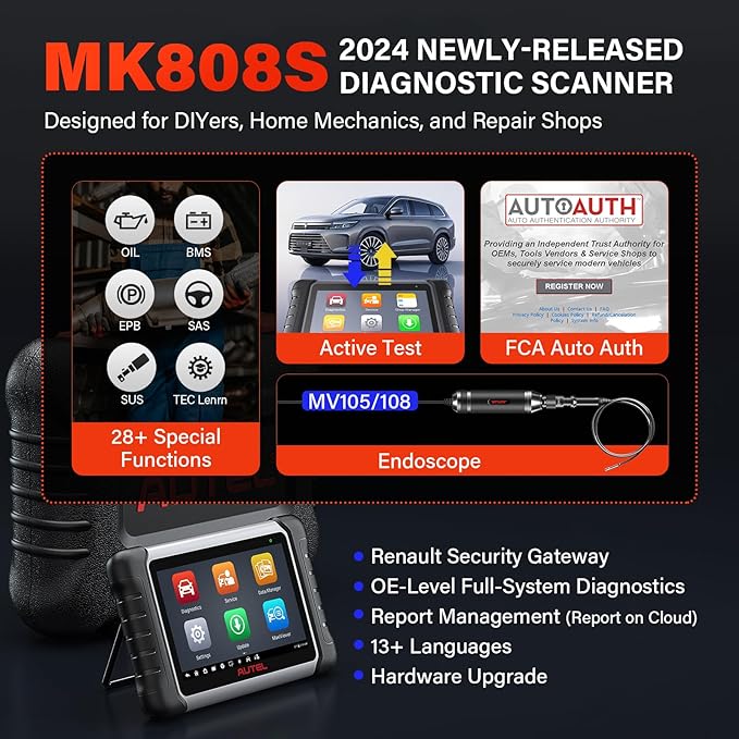 Autel Scaner MaxiCOM MK808S: 2024 Same as MX808S/MK808Z Bidirectional Scan Tool, Upgrade of MK808/MX808, 28+ Services, OE-Level All Systems Diagnostic Scanner, FCA AutoAuth Work with MV105/MV108