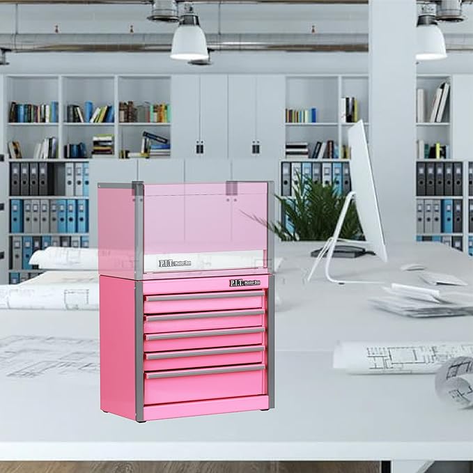 P.I.T. Mini Pink Tool Box, Portable 5-Drawer Micro Roll Cab Steel Stackable Tool Box with Liner, Pink Small Tool Case for Tools Storage and Organizers, Home DIY