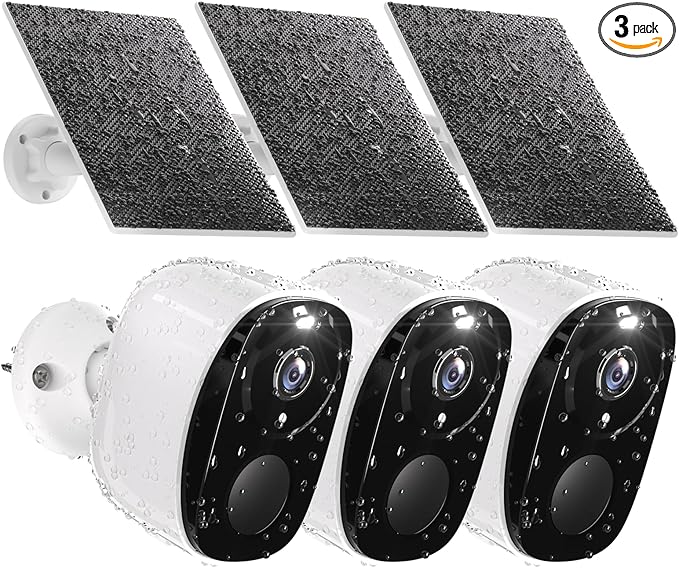 Rraycom 3pc Solar Security Cameras Wireless Outdoor, 2K Battery Powered Security Cameras, WiFi Security Cameras for Home Outside, Color Night Vision, AI Motion Detection, 2-Way Audio, IP65, SD/Cloud