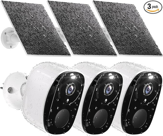Rraycom 3pc Solar Security Cameras Wireless Outdoor, 2K Battery Powered Security Cameras, WiFi Security Cameras for Home Outside, Color Night Vision, AI Motion Detection, 2-Way Audio, IP65, SD/Cloud
