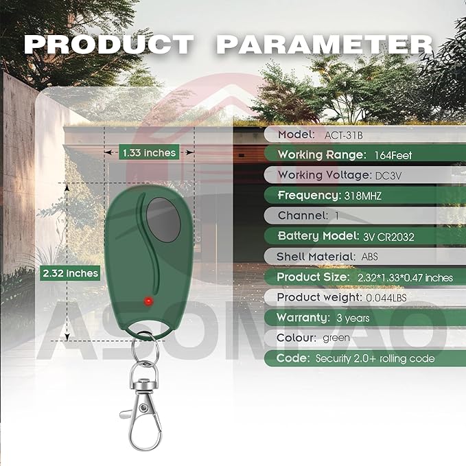 ACT-31B ACP00879 LD033 LD050 LS050 Linear Garage Door Opener Remote 318MHZ Megacode (1Pack) (Green) 3-Years-Warranty