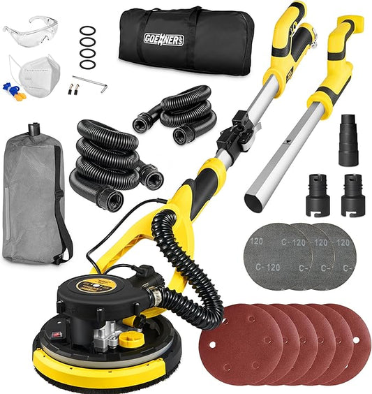 Drywall Sander, Electric Drywall Sander with Vacuum, Automatic Dust Removal, 7 Variable Speed, 900-1800RPM, 26’ Power Cord, Labor-Saving Handle and Patented Fixture for Ceiling Sanding, LED Light