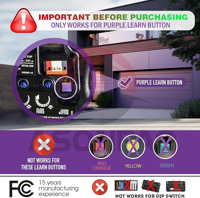 371LM/950CD Liftmaster Chamberlain Garage Door Opener Remote (Only for a Purple Learn Button) 315MHZ Security+ 1-Button (3Pack) 3-Years-Warranty