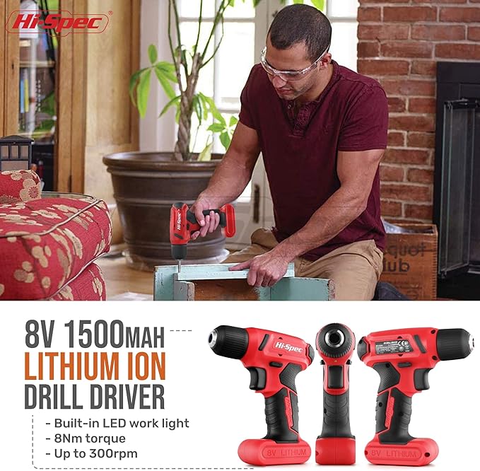Hi-Spec 58pc Red 8V Electric Drill Driver & Household Tool Kit Set. A DIY Cordless Power Screwdriver