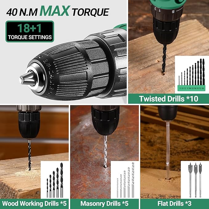 Drill Tool Kit Set: 20V Cordless Power Drill Tool Box with Battery Electric Drill Driver for Women and Men Home Hand Repair Basic Toolbox Tools Sets Drills Case (Green)