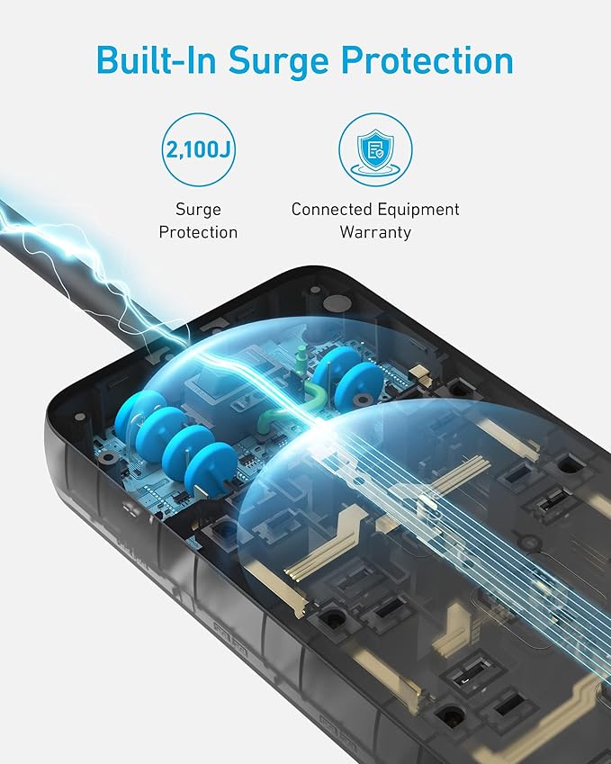 Anker (Pack of 2) Surge Protector Power Strip (2100J), 12 Outlets with 1 USB C and 2 USB Ports for iPhone 15/15 Plus/15 Pro/15 Pro Max, 5feet Extension Cord, Flat Plug, 20W for Home,Office,TUV Listed