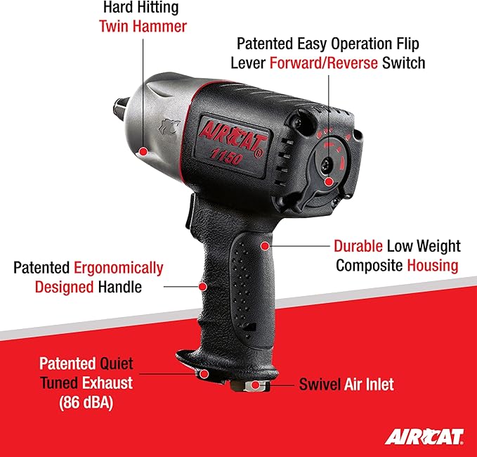 AIRCAT Pneumatic Tools 1150 1/2-Inch Composite Impact Wrench : Compact & Low Weight Power Tool : Impact Tool for Automotive Repairs & Maintenance