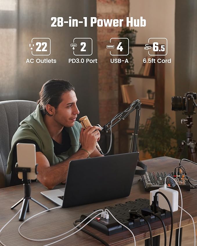 Power Strip, SUPERDANNY Surge Protector with 22 AC Outlets with 2 45W Fast Charging USB-C, 4 USB-A, 1875W/15A, 2100 Joules,6.5Ft Flat Plug Extension Cord for for Home, Office, Dorm, Gaming Room, Black