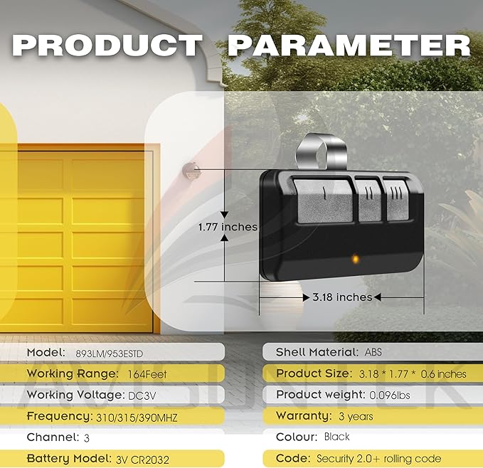 3 for 893LM LiftMaster Garage Door Opener Remote Yellow Learn Button Security2.0+ MyQ 3-Year-Warranty
