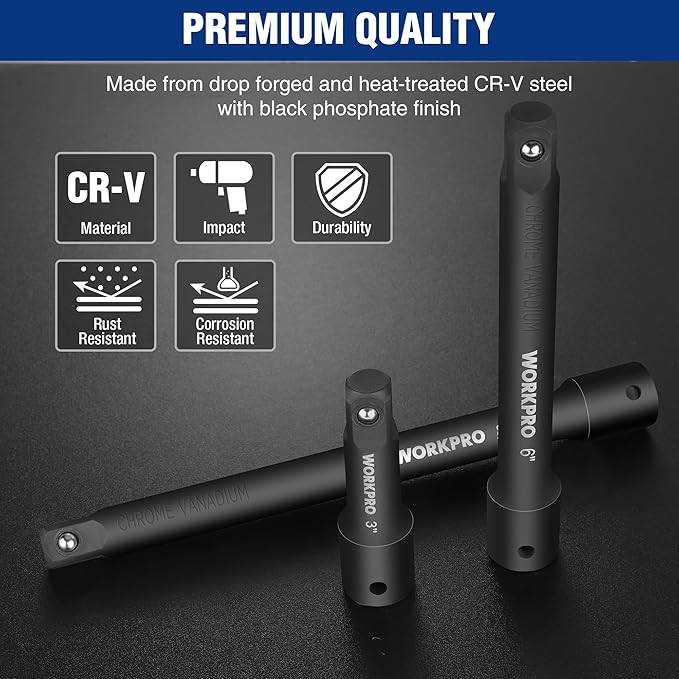 WORKPRO 1/2" Drive Impact Extension Bar Set, 3 PCS Socket Extensions, 3”, 6” and 8” Length, Premium Chrome Vanadium Steel with Black Phosphate Finish, Storage Tray Included