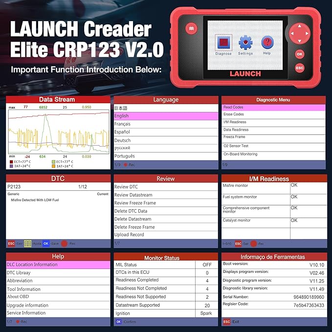 LAUNCH CRP123 V2.0 Elite OBD2 Scanner, 2025 New Engine/ABS/SRS/Transmission Car Diagnostic Tool With Oil Reset/Throttle Adaption/SAS Relearn , Check Engine Code Reader, Lifetime Free Update Scan Tool
