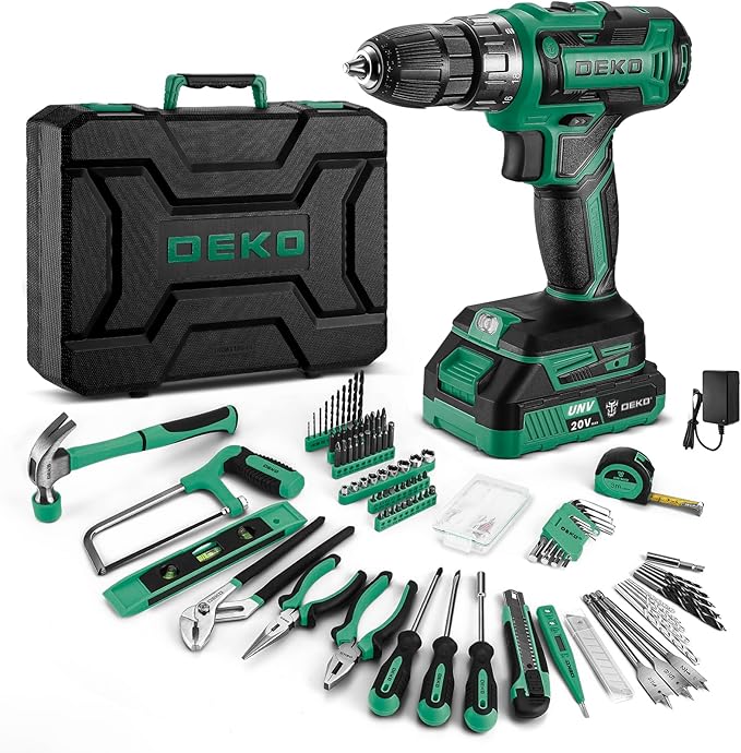 Drill Tool Kit Set: 20V Cordless Power Drill Tool Box with Battery Electric Drill Driver for Women and Men Home Hand Repair Basic Toolbox Tools Sets Drills Case (Green)