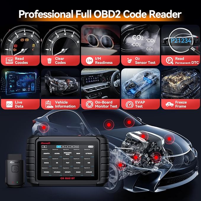 iCarsoft CR Max BT Wireless Bidirectional Scan Tool, 49+ Reset OBD2 Diagnostic Touchscreen Scanner, ECU Adaptation/Teach-in, All System, 4-in-1 Live Graphing, Lifetime Free Update