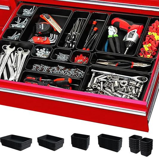 [𝐔𝐩𝐠𝐫𝐚𝐝𝐞𝐝] 𝟔𝟓 𝐏𝐂𝐒 Tool Box Organizer Tray 𝟓 𝐒𝐢𝐳𝐞𝐬 Desk Drawer Organizers Garage Storage Toolbox Divider Trays for Tool Chest Cart Cabinet Workbench Hardware Organization