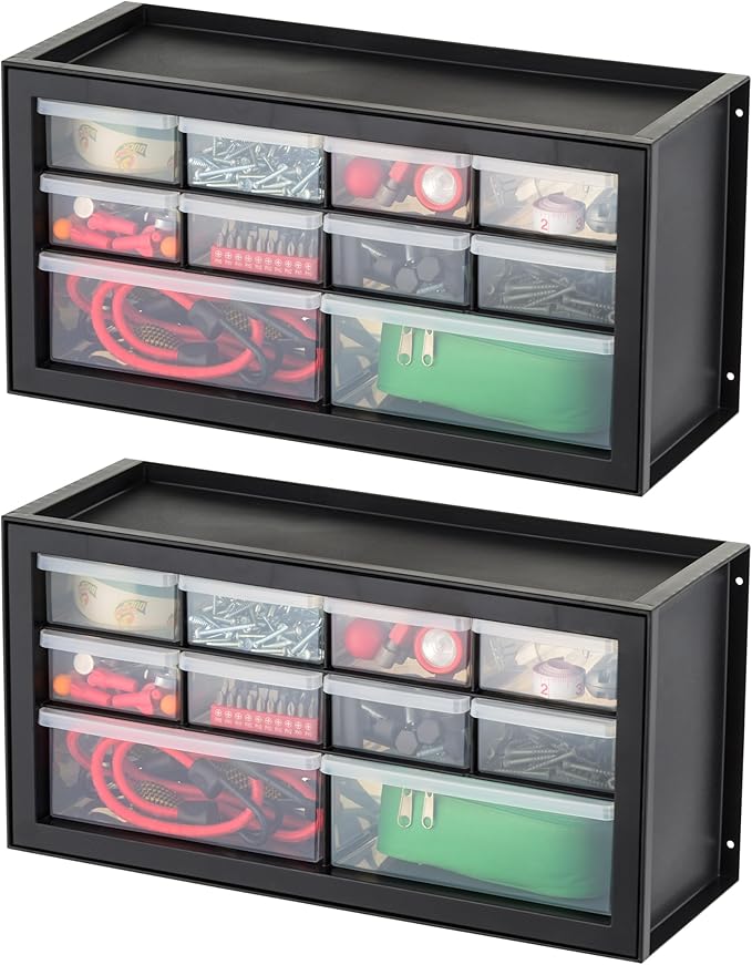 IRIS USA Screw Organizer, Hardware Storage Organizer, 10 Drawer Parts Cabinet, 2 Pack, Plastic Drawer Storage for Hardware Crafts, Small Parts, Nuts and Bolts, Tool Storage, Scrapbook Art Hobby, Black