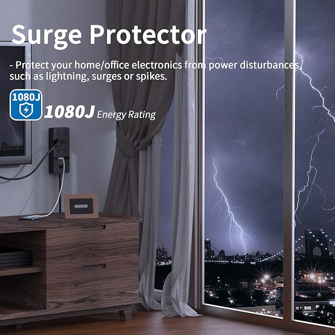 Long Extension Cord 15ft, NTONPOWER Flat Plug Power Strip Surge Protector with 6 Outlets 2 USB Ports, 1080 Joules, Wall Mount Charging Station, Overload Protection for Home Office, ETL Listed, Black