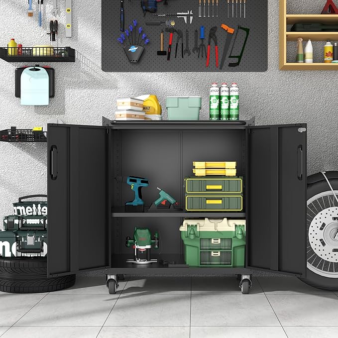 Metal Storage Cabinet with Wheels, Lockable Garage Storage Cabinet with Doors and Shelves, Rolling Tool Storage Cabinet, Assembly Required, Black