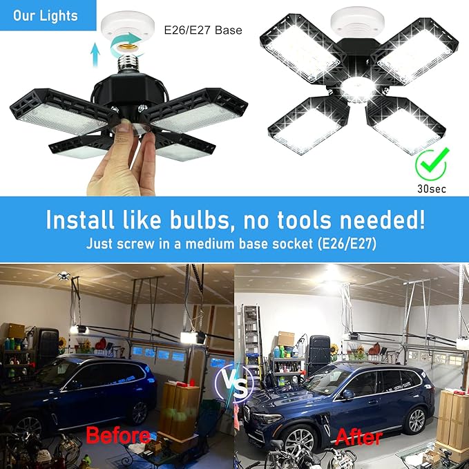 2-Pack LED Garage Light,150W Garage Lights Deformable LED Garage Ceiling Lights,15000LM Garage Lighting with 4 Adjustable Panels, E26/E27 LED Shop Lights for Garage, Basement, Workshop