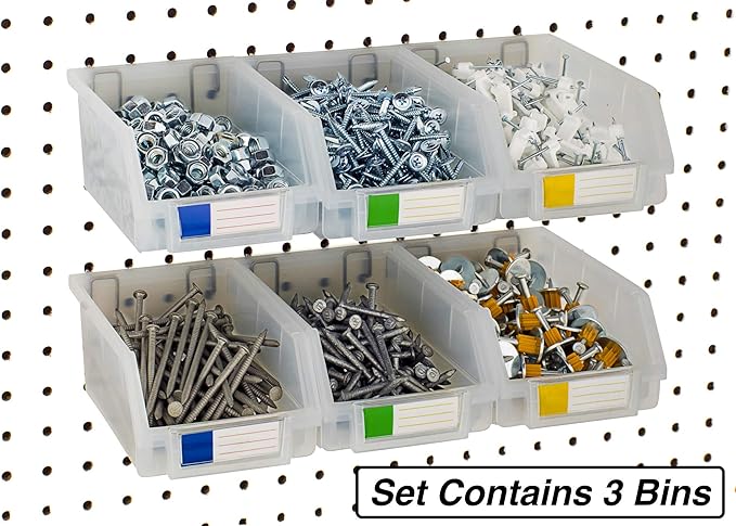 Pegboard Bins – 3 Pack Clear Large - Hooks to Any Peg Board - Organize Hardware, Accessories, Attachments, Workbench, Garage Storage, Craft Room, Tool Shed, Hobby Supplies, Small Parts