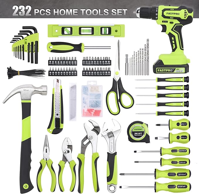 FASTPRO 232-Piece 20V Cordless Lithium-ion Drill Driver and Home Tool Set, Household Repairing Tool Kit with Drill, 12-Inch Wide Mouth Open Storage Tool Bag, Green