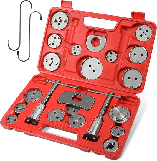 YAKEFLY 24Pieces Brake Caliper Tool,Universal Disc Brake Caliper Wind Back Tool and Piston Compression Sets,Heavy Duty Brake Caliper Compression Tool Caliper Piston Tool (Red)
