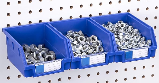 Pegboard Bins - 3 Pack Blue Large - Hooks to Any Peg Board - Organize Hardware, Accessories, Attachments, Workbench, Garage Storage, Craft Room, Tool Shed, Hobby Supplies, Small Parts