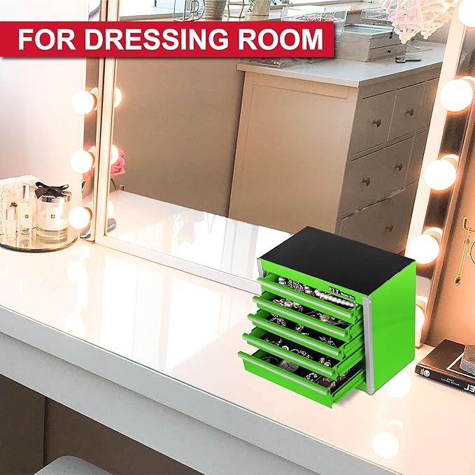 P.I.T. Mini Green Tool Box, Portable 5-Drawer Micro Roll Cab Steel Stackable Tool Box with Liner, Green Small Tool Case for Tools Storage and Organizers, Home DIY
