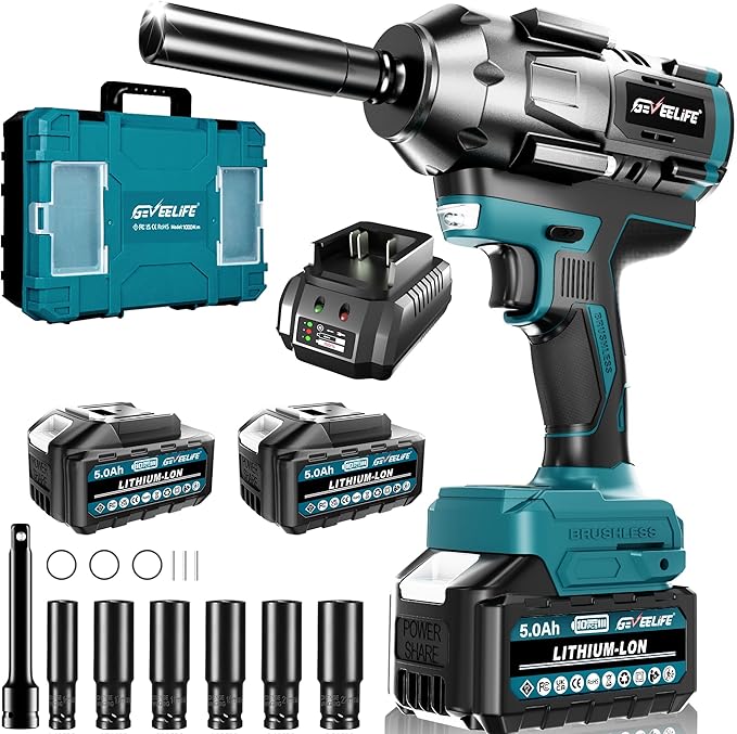 1000N.m (738Ft-lbs) Brushless Impact Wrench, 1/2" Cordless Impact Gun w/ 2x 5.0Ah Battery, Fast Charger & 6 Sockets, 3800RPM Electric Impact Driver for Truck Car/Home DIY/Industry