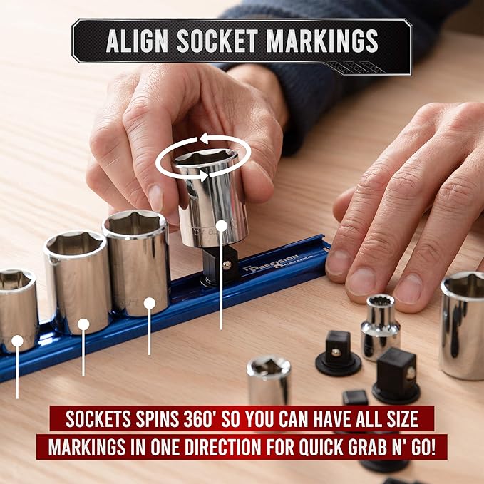 Precision Defined Aluminum Tool Socket Holder | Blue, Single 1/2-Inch Socket Organizer x 14 Clips | Heavy Duty Socket Rails Organizer, Socket Storage, Socket Tray 360 Rotation