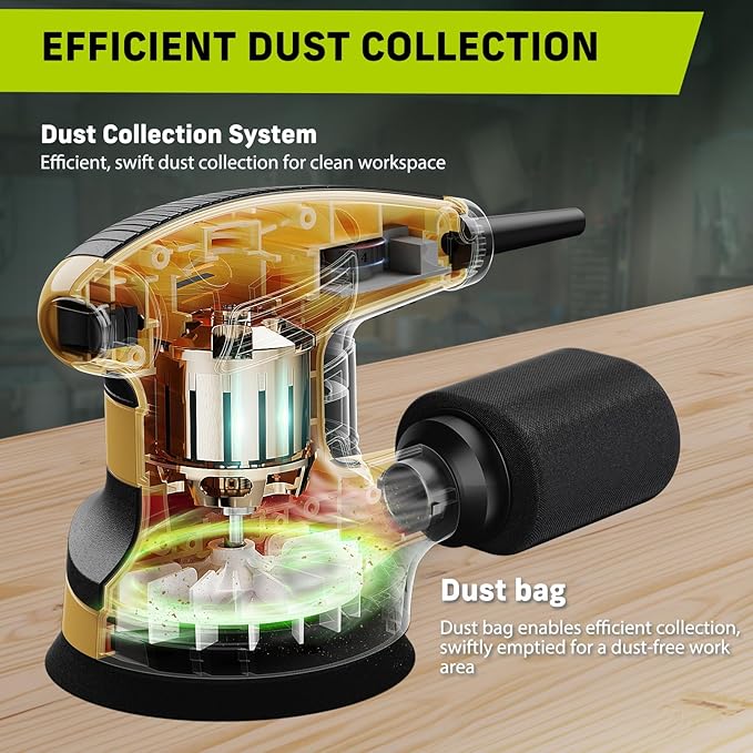 Orbital Sander 3.0AMP(360W),14000RPM Random Orbit Sander Tool with 6 Variable Speeds, 5" Electric Palm Sander Kit with Dust Bag,15pcs Sandpapers for Woodworking & Sanding，Yellow