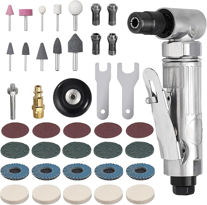 EYPINS Compressed Air Angle Die Grinder 1/4" 90 Degree Mini Sander Grinder Polisher Tool Set with Grinding Stones and Sanding Discs for Contour Grinding, Polishing, Milling