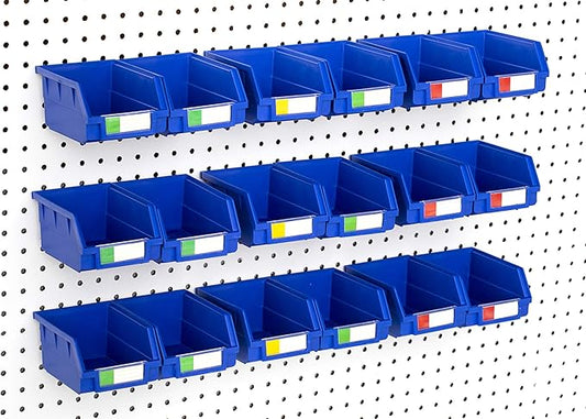 Pegboard Bins – 18 Pack Blue Large - Hooks to Any Peg Board - Organize Hardware, Accessories, Attachments, Workbench, Garage Storage, Craft Room, Tool Shed, Hobby Supplies, Small Parts