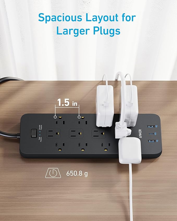 Anker (Pack of 2) Surge Protector Power Strip (2100J), 12 Outlets with 1 USB C and 2 USB Ports for iPhone 15/15 Plus/15 Pro/15 Pro Max, 5feet Extension Cord, Flat Plug, 20W for Home,Office,TUV Listed