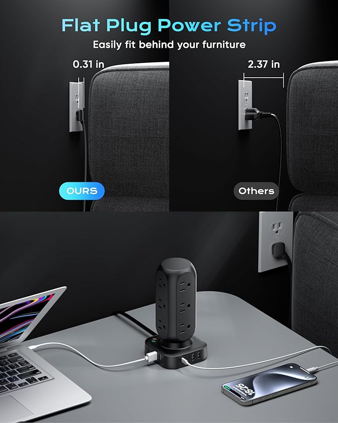Flat Plug Power Strip Tower, TenTrend Dual PD 20W USB-C Surge Protector with 12 AC Outlets & 8 USB Ports (4 USB C), 40W Total Fast Charging Station, 10FT Extension Cord for Desk Office Dorm Room